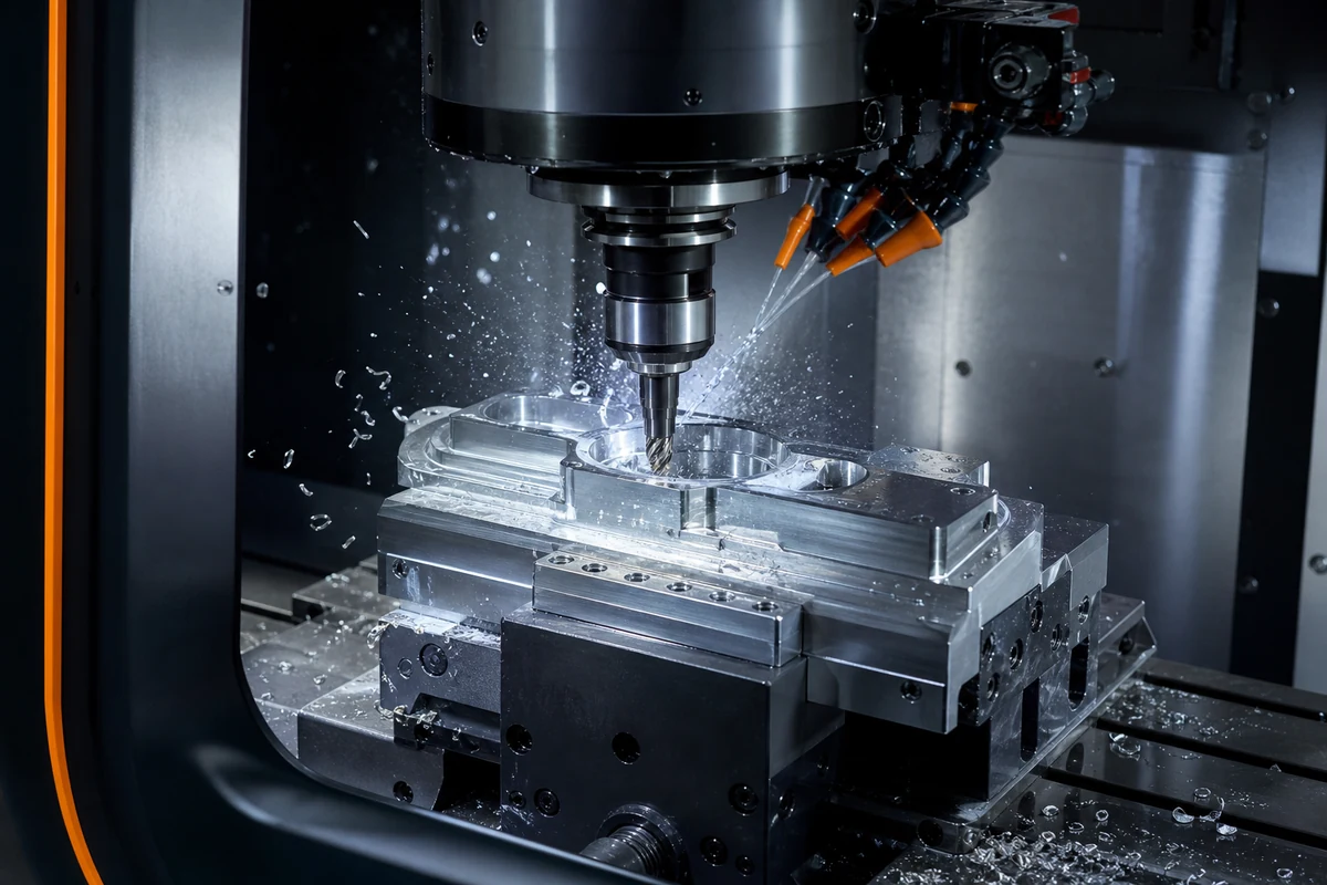 CNC machining center cutting a precision metal component